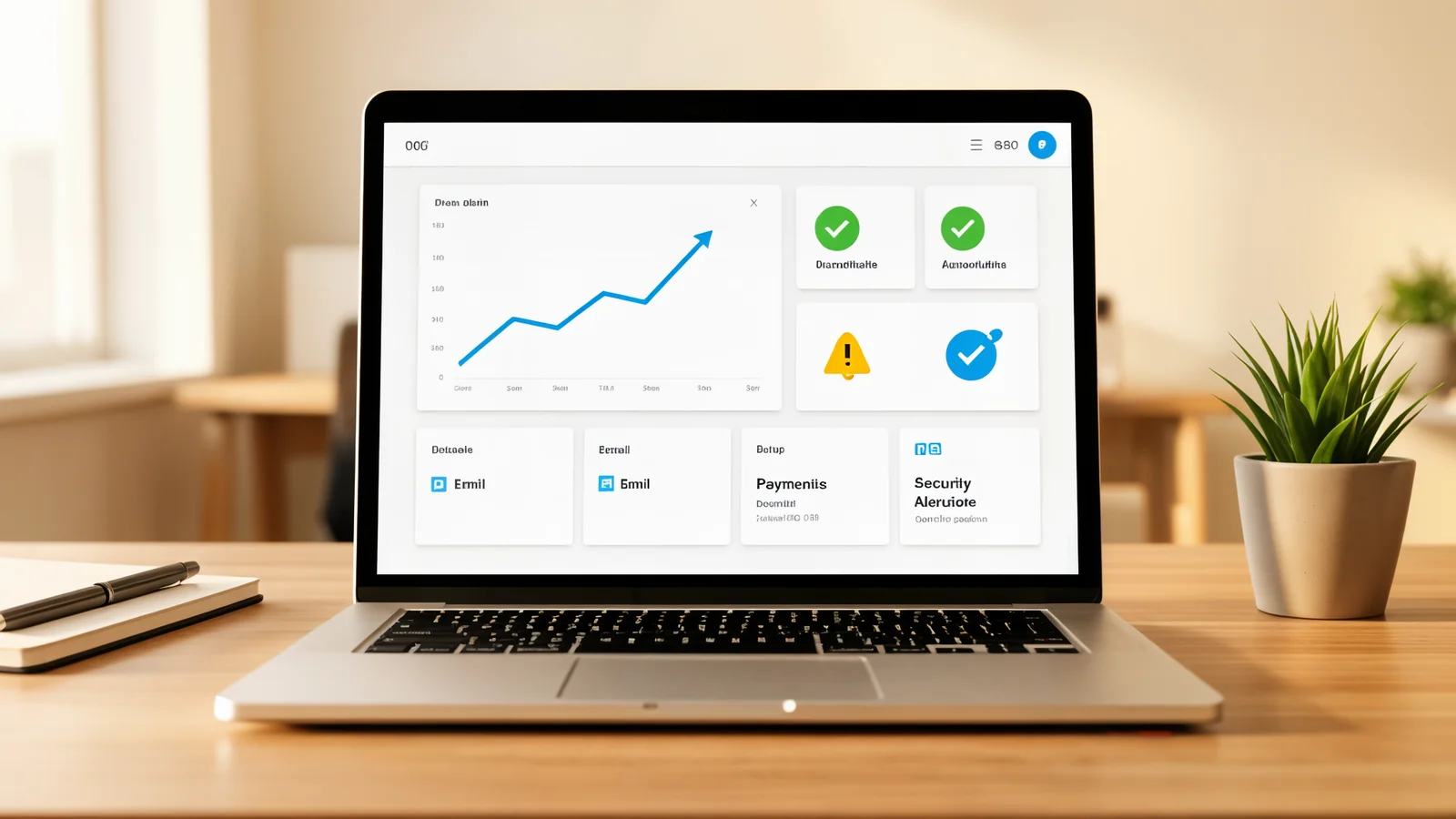 A laptop screen showing a clean dashboard with graphs, charts, and status indicators for email, payments, and security alerts