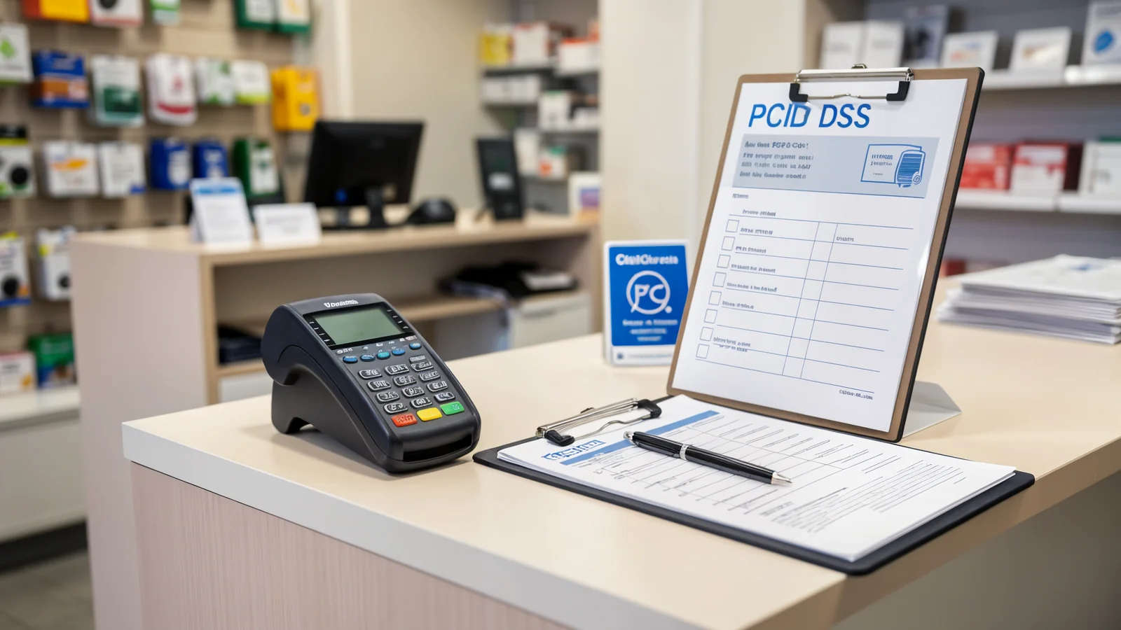 A small shop counter with a card reader, a sign saying PCI DSS compliant, and paperwork in view