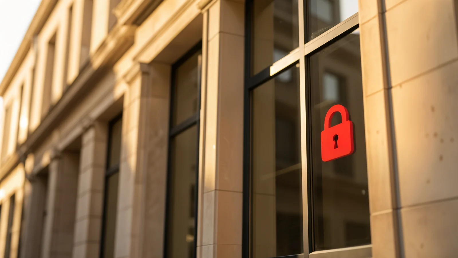 A city hall building with a ransomware lock icon in the window and a backup drive visible on a desk