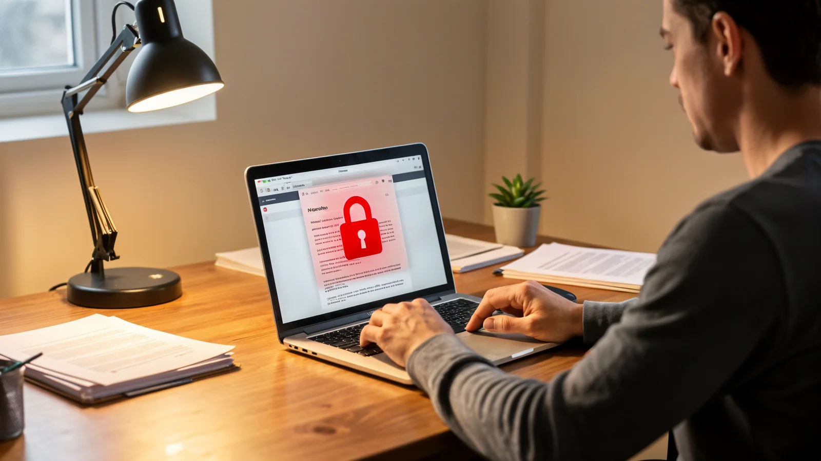 A business owner at a laptop with a red warning lock overlay on the screen, lit by the monitor's glow
