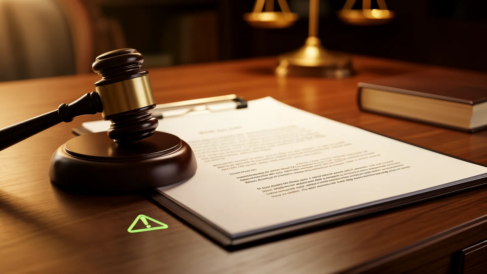A small business owner looking at a legal document with a gavel and digital warning icons
