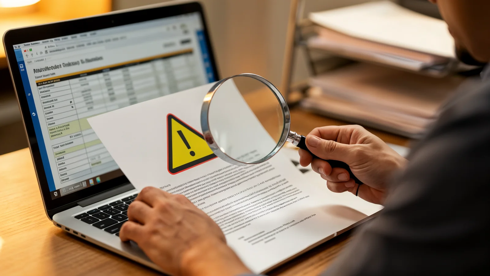A person at a laptop with a warning icon showing unauthorized access, tax forms visible on screen