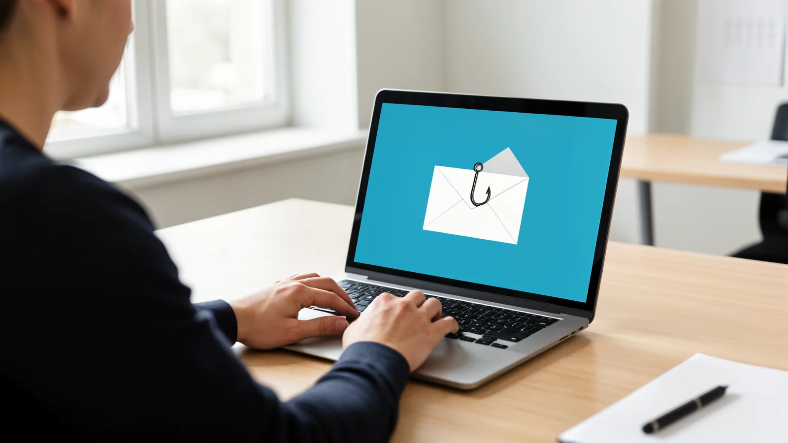 A person at a desk working on a laptop showing a phishing envelope icon, with a sheet of paper and pen on the desk, clean office with natural lighting