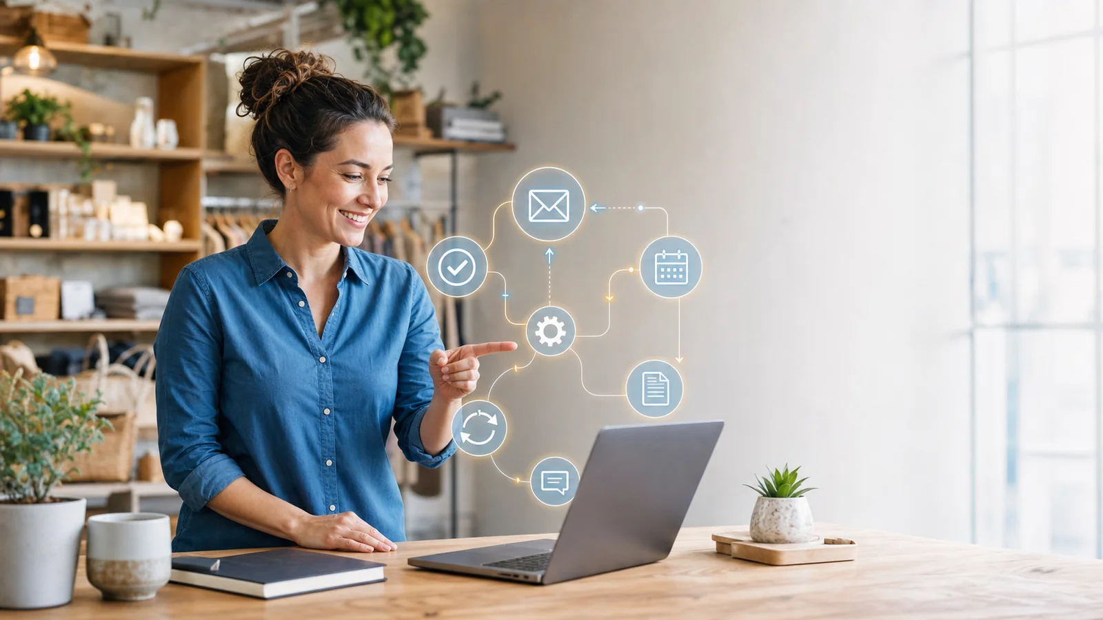 A small-business owner smiling at a laptop while stylized workflow icons — email, calendar, checkmark, gear, chat — connect around it