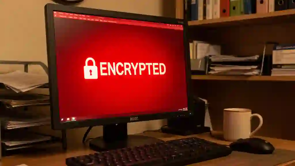 Dark moody illustration of a small office with ransom lock symbols and two rival gang silhouettes