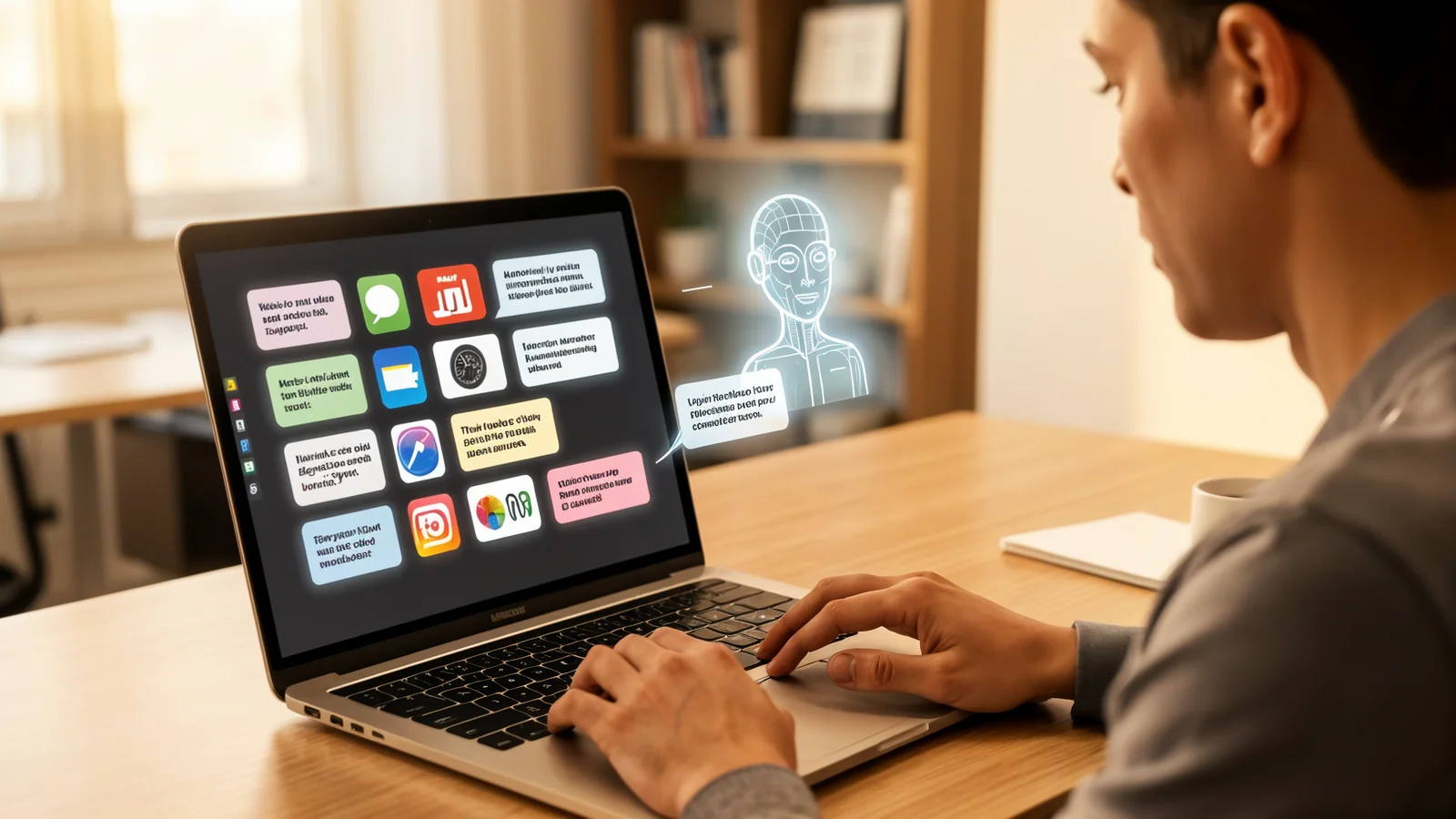 A person at a laptop with multiple app icons floating around the screen, an AI assistant icon pointing at important alerts