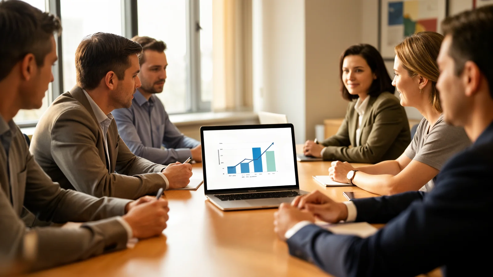 A conference room with people around a table looking confused at a laptop screen showing conflicting document versions