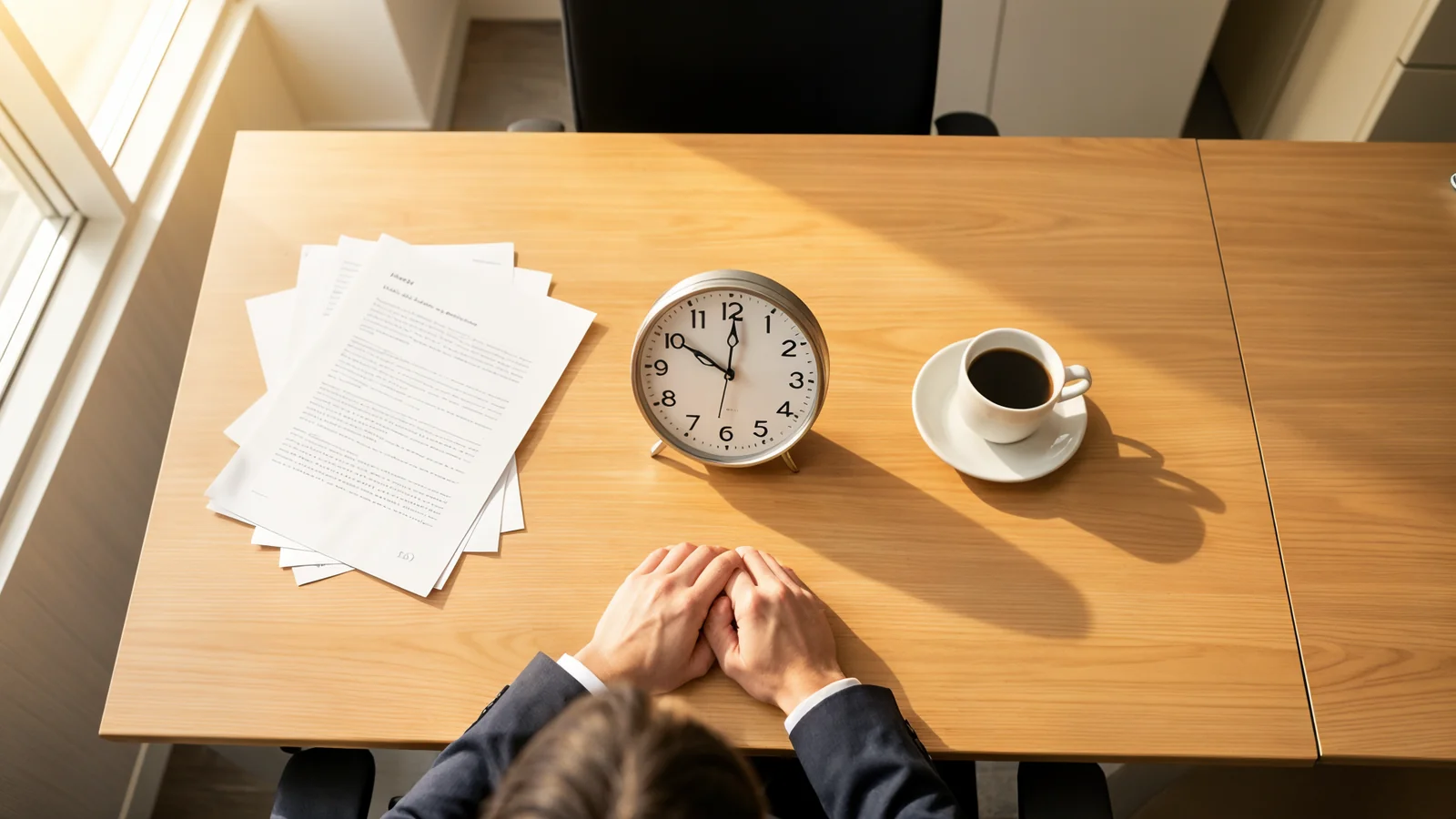 An office desk viewed from above with a person's hands resting on it, a clock, a coffee cup, and papers suggesting a moment of waiting and delay